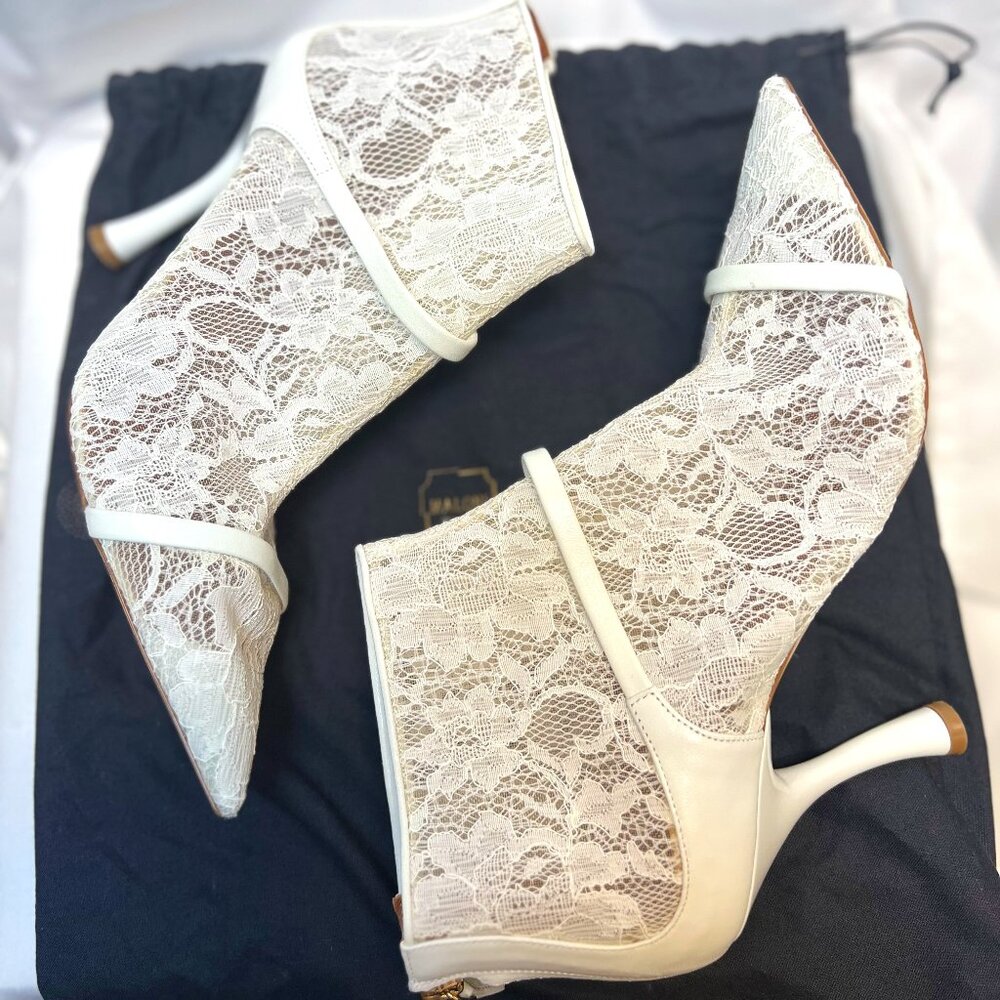 Malone Souliers White Lace and Leather Ankle Heels Size 40